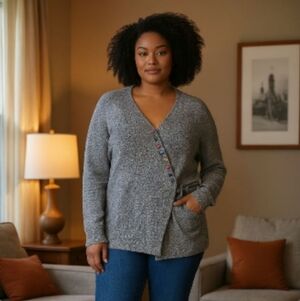 Gray Women's Sweater with Colorful Buttons And Wrap Tie, Plus Size 2X, NEW